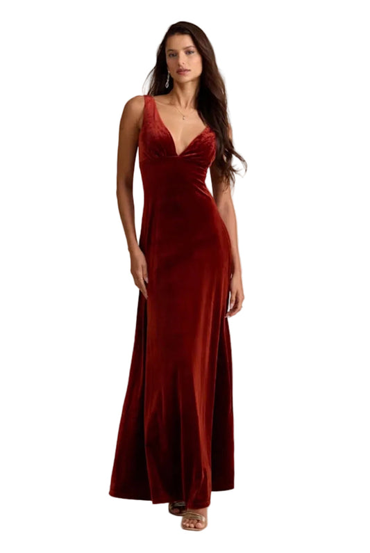 Z| Lulus Rust Velvet Sleeveless Maxi Evening Dress